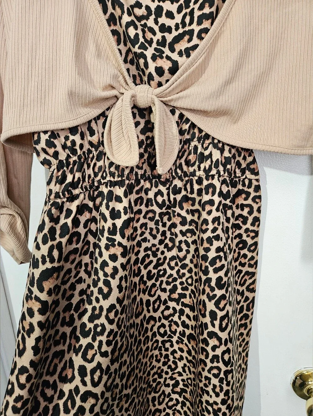 Lily Bleu Leopard Print Dress with Tan Cropped Tie-Front Cardigan 14